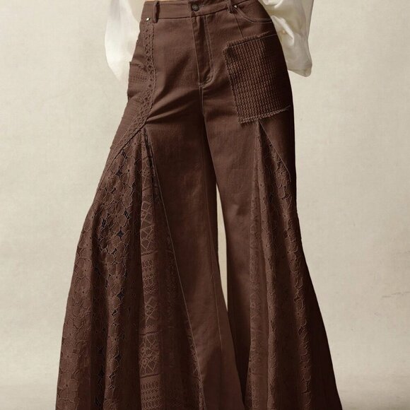 Brown Casual Women's Bohemian Style Woven lace detailed Flared Mid-Waist Pants - Picture 5 of 7